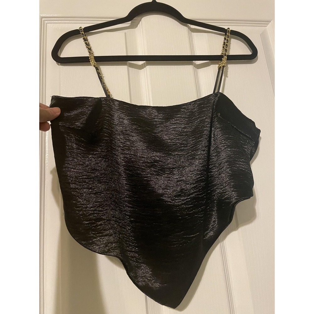 Just Polly Tank Top Womens S Black Satin Chain Strap Handkerchief Hem Camisole